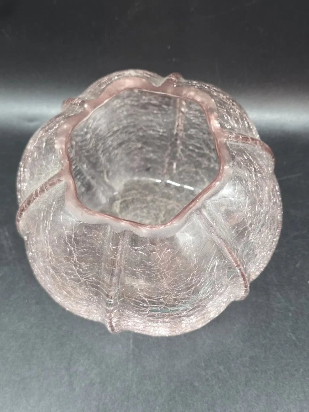 Pink Crackle Art Glass Rose Bowl Or Candle Holder Manganese Glows Purple Boho